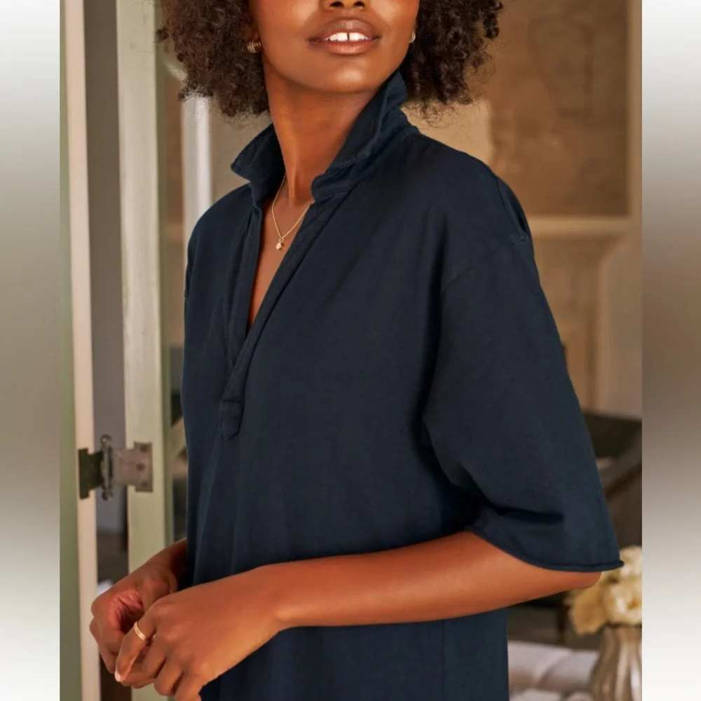 Frank & Eileen Emma Hand-Cut Raw Hem Popover Henley Maxi Dress Navy Size XS - Picture 4 of 11